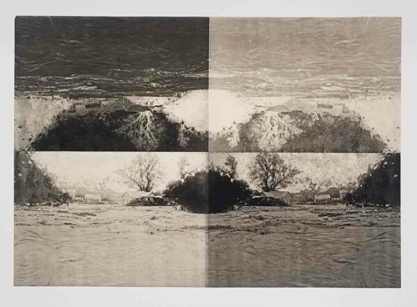 A two by two grid of black and white images by Heather Parrish. The images are of outdoor scenes.