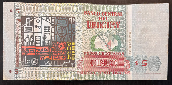 A photograph of a Uruguayan 5 peso bill which has an artwork by Joaquín Torres-García on it. 