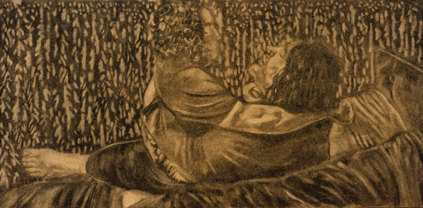A monochromatic drawing by Kevin Clay of two figures reclining on a bed in a forest.