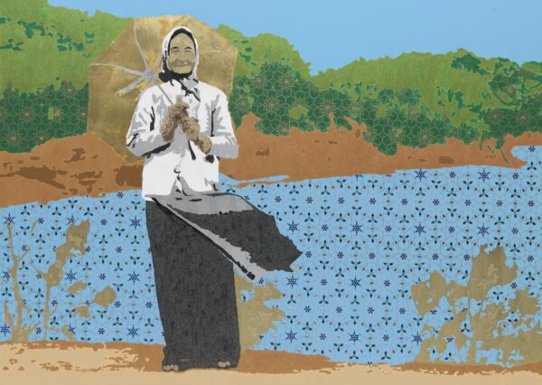 A mixed-media work by Khánh H. Lê of his grandmother standing in an outdoor setting, holding an umbrella and wearing a headscarf.