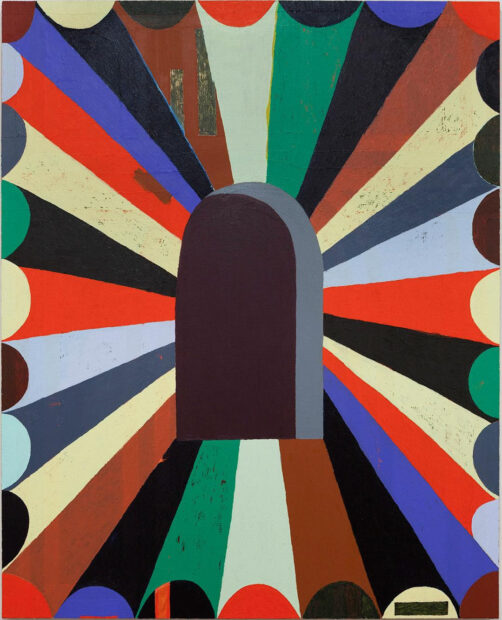 A geometric painting by Matt Kleberg. The painting depicts a dark archway with rays of color radiating from it. 
