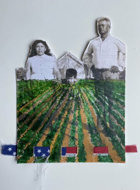 A mixed media work by Tina Medina. The artwork uses a black and white photograph of a family standing in a field. The field has been painted and a strip of the US flag has been woven into the bottom of the artwork.