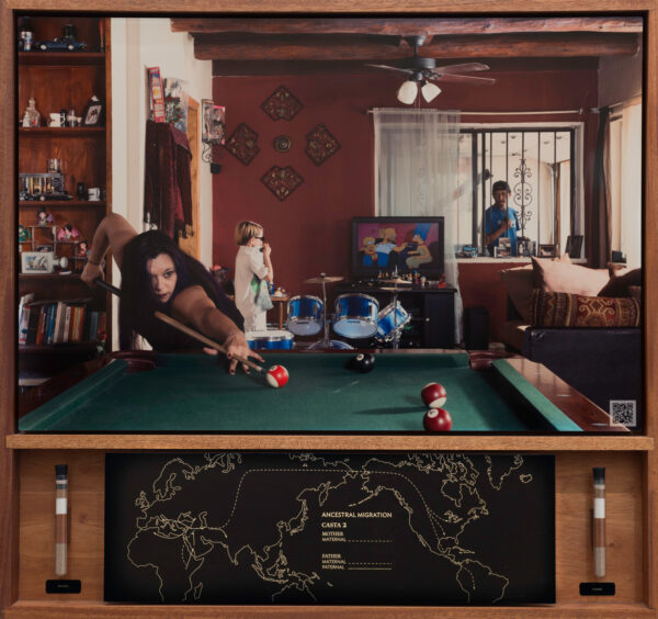 A photograph of a woman playing pool. Her two children are in the background of the house. Underneath the photograph is a migration map and two test tubes of soil samples.