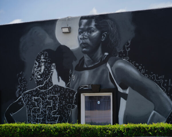 Mural of basketball athlete Sheryl Swoopes in progress