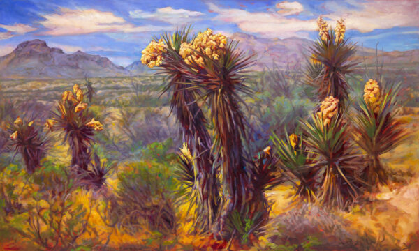 A painting featuring a richly colored desert landscape. In the foreground is large, flowering plants, and in the background is a mountain range.