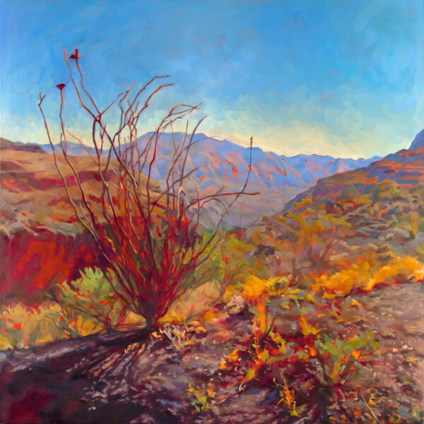 A painting featuring a richly colored desert landscape. In the foreground is a dried-out looking bush, and in the background is a mountain range.