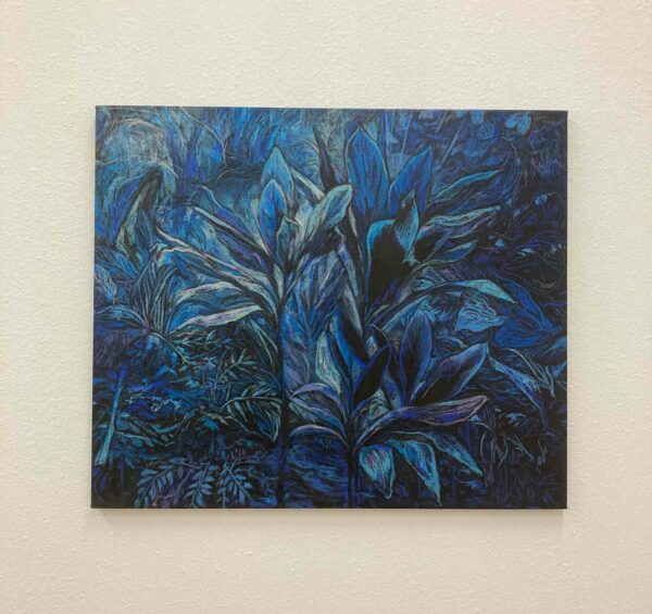 An oil pastel painting on canvas of native plants in Hong Kong. The plants are tropical with large fronds, painted in blue.