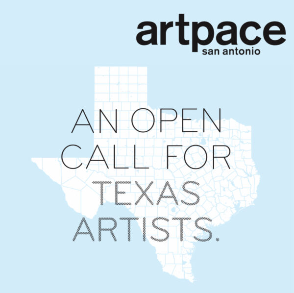 A designed graphic that includes a white shape of the state of Texas with text that reads, "Artpace. San Antonio. An open call for Texas artists.