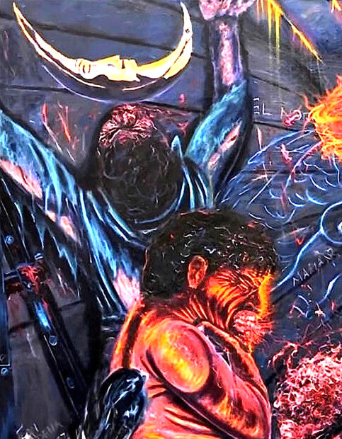Detail of a graphic painting of a human body exploding