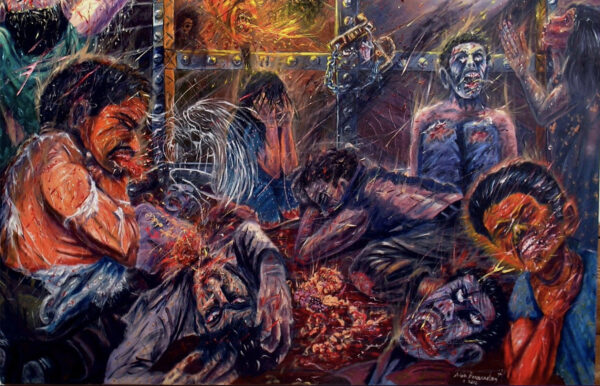 Graphic painting of figures suffocating in a boxcar