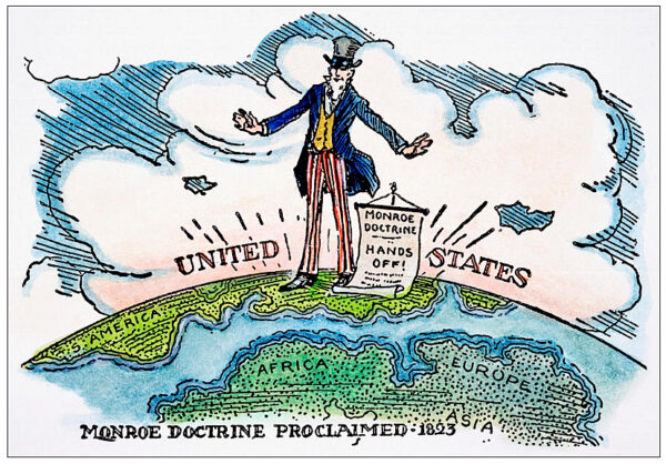 Comic of Uncle Sam standing on the United States defending the Monroe Doctrine