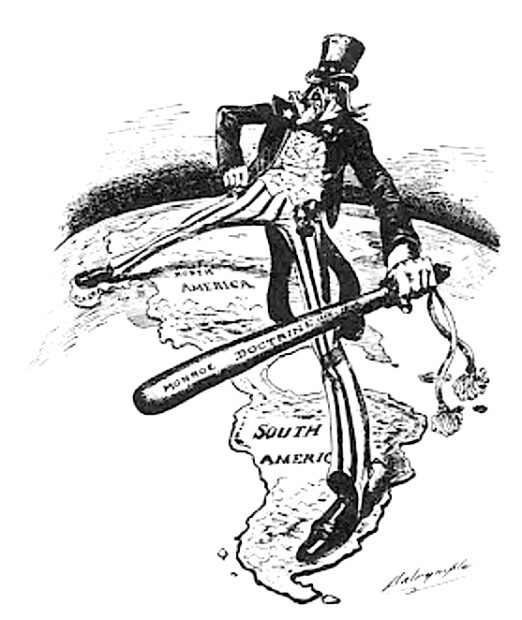 Cartoon of Uncle Sam standing over North American and South America