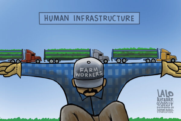 Cartoon where 18 wheeler trucks are riding across the shoulders and back of a farm worker