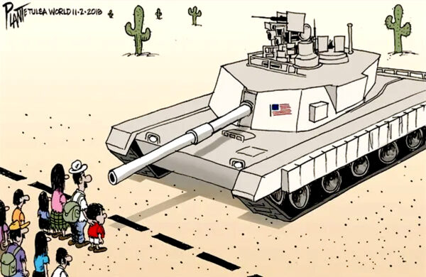 Cartoon of immigrants being received at the border by a an army tank