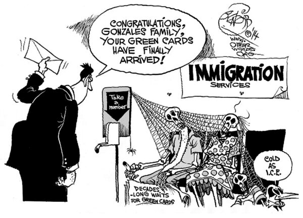Cartoon showing a family receiving their green cards after they are already dead