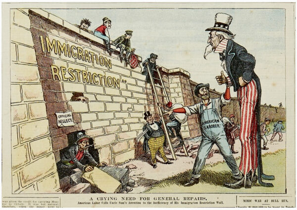 Cartoon of uncle Sam looking over the border wall
