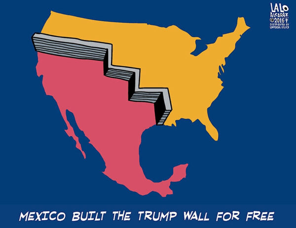 Political cartoon of the border wall shaped like alcaraz
