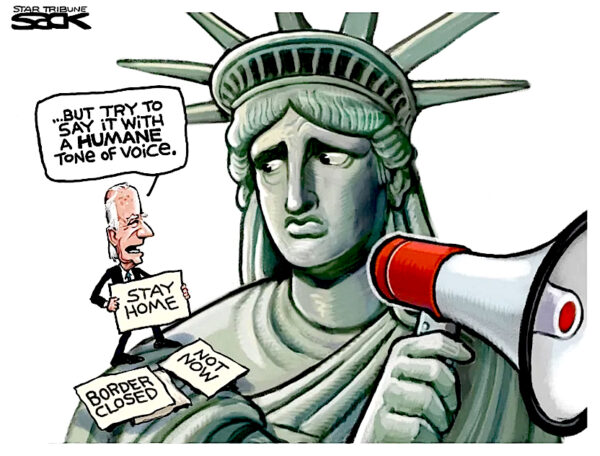 Political cartoon of lady liberty with President Biden