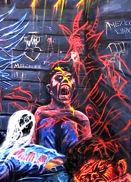 Graphic painting of a man bleeding out while suffocating