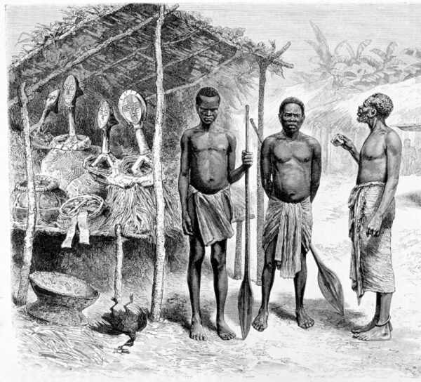 Engraving of three african men in traditional cloth