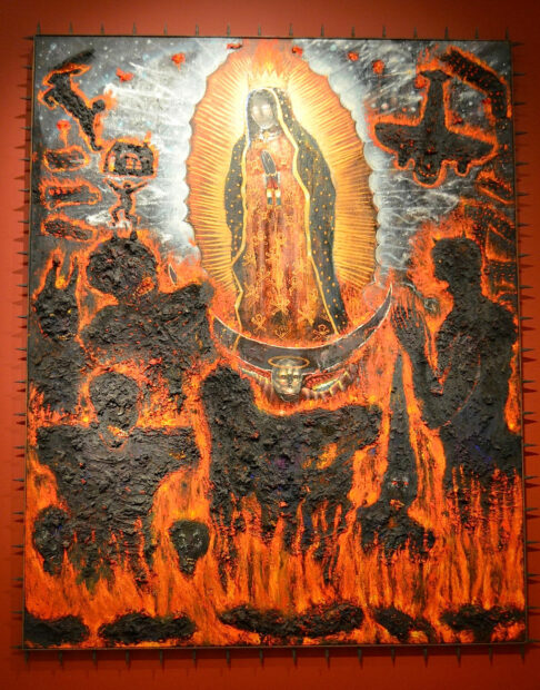 Painting of the virgen of guadalupe in flames