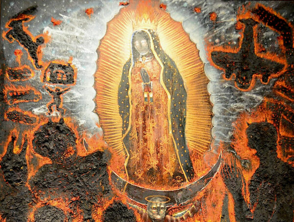 Detail of the virgen of guadalupe in flames
