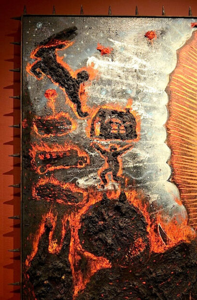 Detail of a painting with animals in flames
