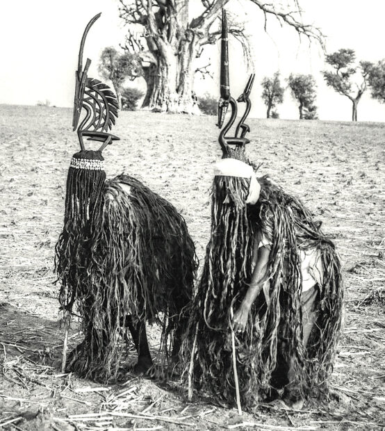 Pair of Bamana dancers performing with Ciwara Kun headdresses