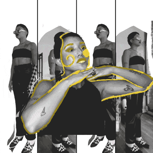 A monochromatic gif of Andie Flores which features the artist in various poses standing up and with her hands held a the bottom of her chin.