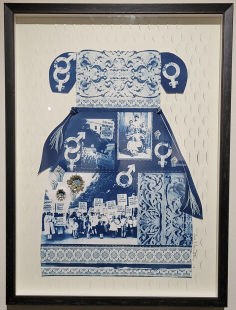 Work on paper made of blue cyanotypes in the shape of a dress