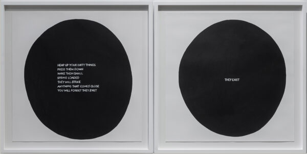 Black and white diptych with two black circles and white words printed on them