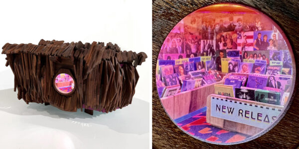 A composite image showing a mixed media sculptural work by Margie Criner. The image on the left shows the exterior of the object and the image on the right shows the interior, a small diorama of a record shop.