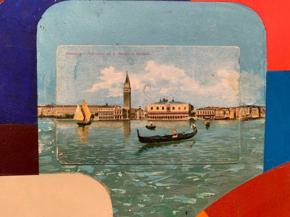 A postcard picturing canal in the city of Venice sits on top of a panel that has been painted to match the postcard's photograph.