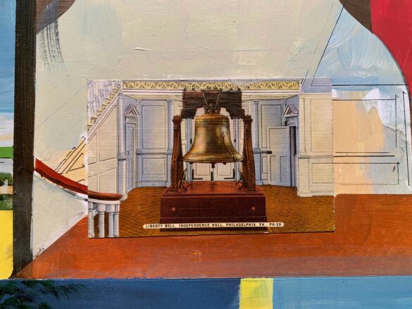A postcard of the Liberty Bell sits on top of a panel that has been painted to match the postcard's photograph.