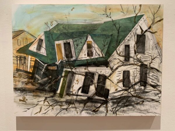 A painting of a house that is misshapen and appears to be falling down.