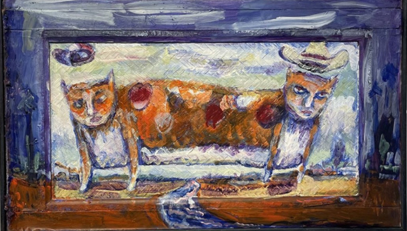 Mixed media painting of two adjoining cats