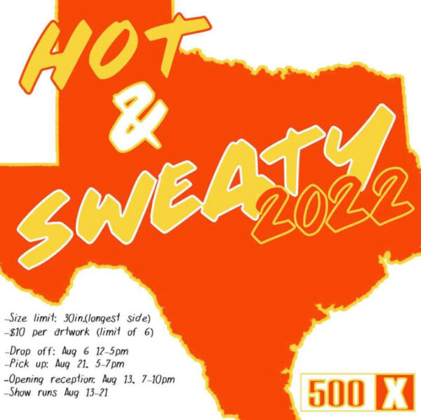 A graphic for the exhibition Hot and Sweaty at 500 X gallery in Dallas. The graphic features the show's title laid over the shape of Texas.