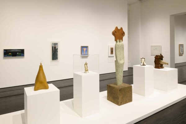 A photograph of an installation of paintings and sculptures in the Menil Collection in Houston.