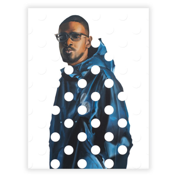 A painting by Jeremy Biggers of a Black man wearing a blue hoodie. The painting appears to have white circles painted on top of the figure's body and in the background. 