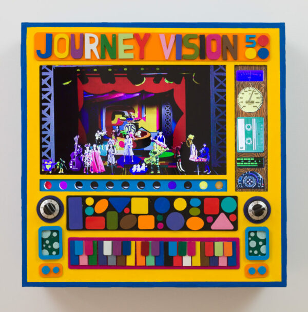 A colorful mixed media work by JooYoung Choi. The work features text that reads, Journey Vision 50" above an image of a large group band performing.