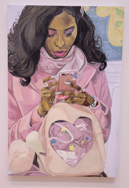 Painting of a woman dressed all in pink scrolling through her cell phone