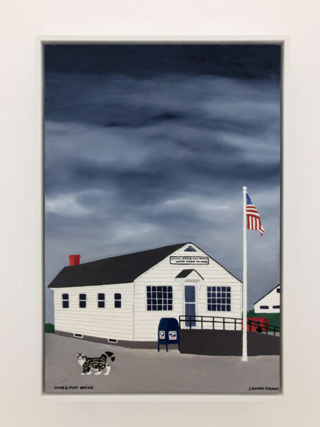 Painting of a white post office in small town United States