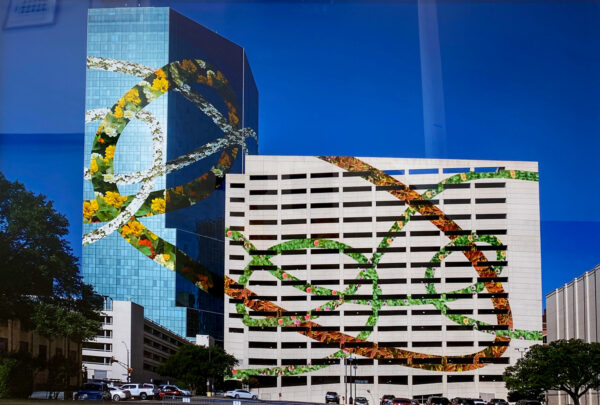 A digital rendering for vinyl wrapped buildings by Kalee Appleton. The vinyl design uses swirls of floral imagery placed on top of a mirrored building and an adjacent parking garage.