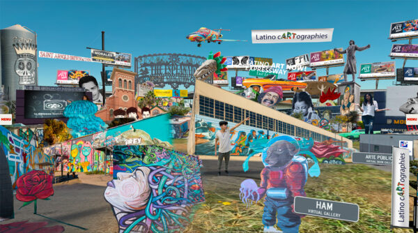A digitally collaged image featuring a wide array of murals, statues, buildings, and people.