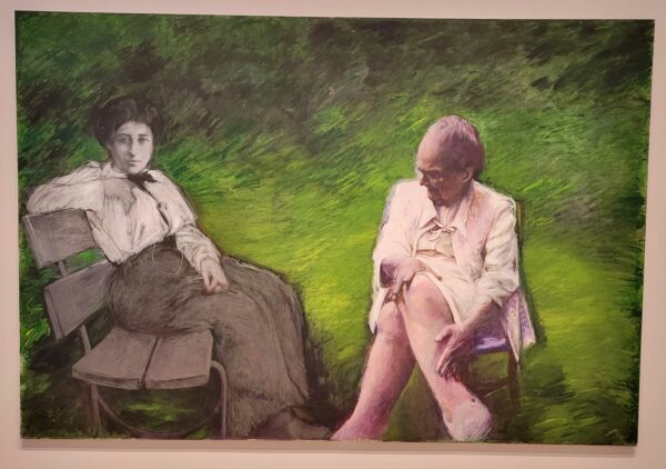 Drawing of two women sitting in front of a gestural green backdrop