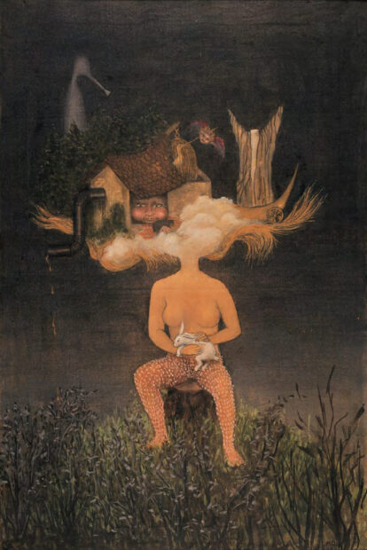 A painting depicting a figure holding a rabbit, with a house and tree-looking object floating where the figure's head should be.