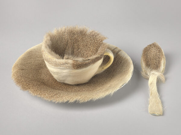 A photograph of a sculpture, made of a fur-covered teacup, saucer, and spoon.