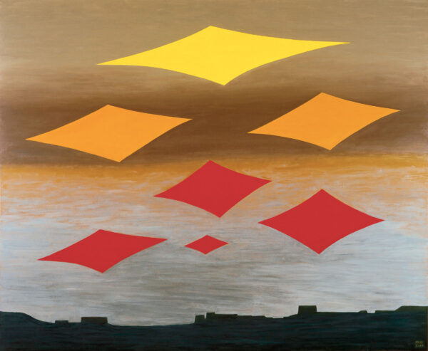A painting of a landscape, featuring seven four-sided shapes in the sky.