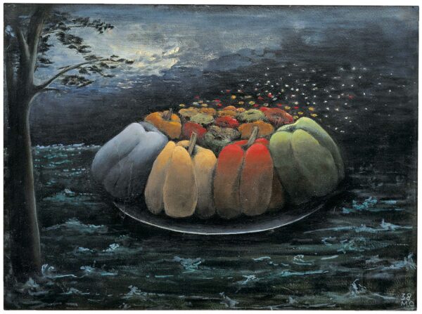 A painting that depicts bell peppers on a platter that is hovering over an ocean. There is a tree on the left side of the picture.