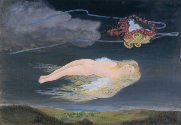A painting of a mountain and valley landscape. A naked woman floats in the foreground, and a creature in a wheeled cart flies by overhead.